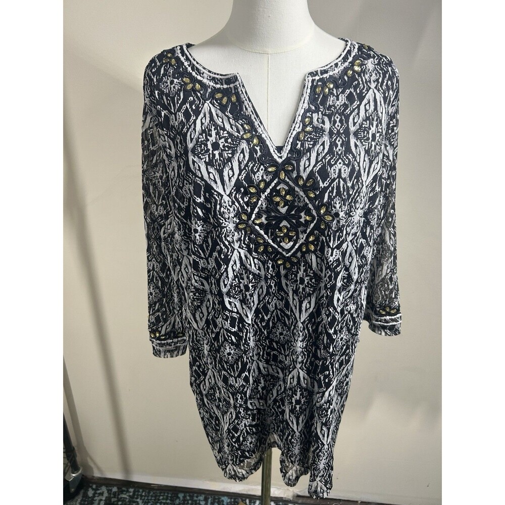 International Concept Women's Blouse Plus 2X Lined Artsy Rhinestones Accent 232